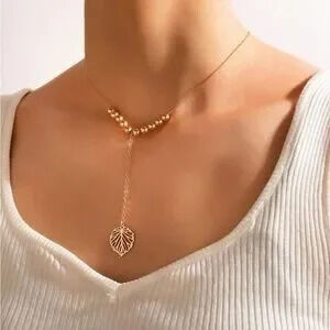 Gold Leaf Pendant Lariat Necklace Gift Minimalist